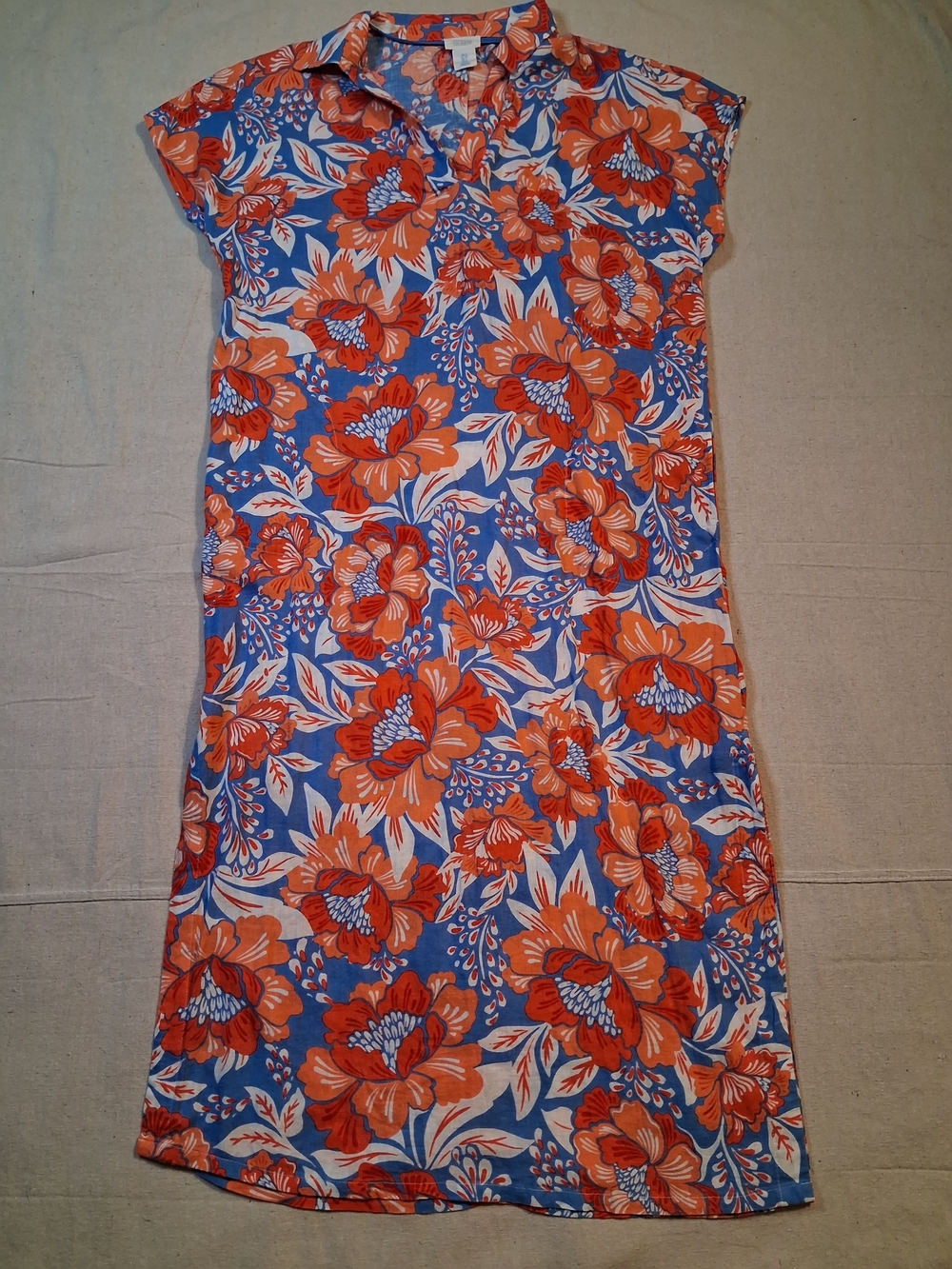 Sigrid Olsen Linen-Blend Blue & Orange Floral Shift Dress Women's Size Small